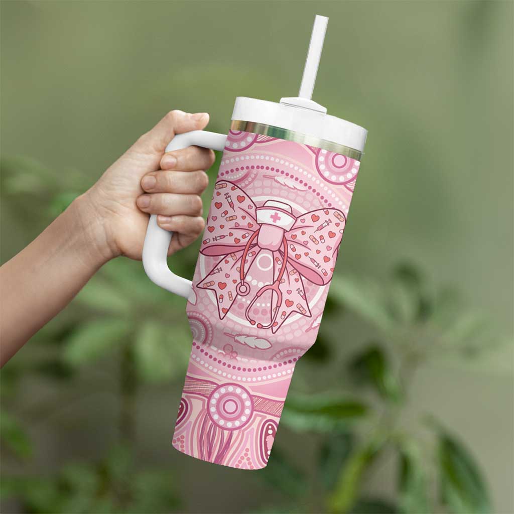 Aussie Nurse Personalised Tumbler With Handle Pink Stethoscope Coquette Bow Aboriginal Dot Art