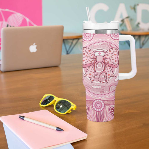 Aussie Nurse Personalised Tumbler With Handle Pink Stethoscope Coquette Bow Aboriginal Dot Art
