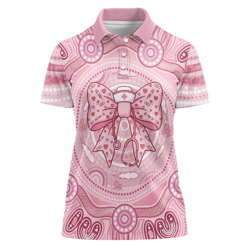 Aussie Nurse Personalised Women Polo Shirt Pink Stethoscope Coquette Bow Aboriginal Dot Art