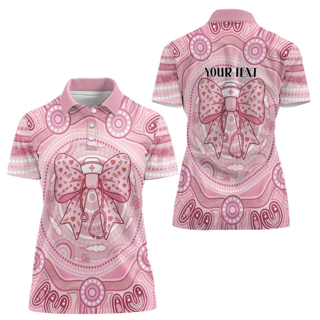 Aussie Nurse Personalised Women Polo Shirt Pink Stethoscope Coquette Bow Aboriginal Dot Art