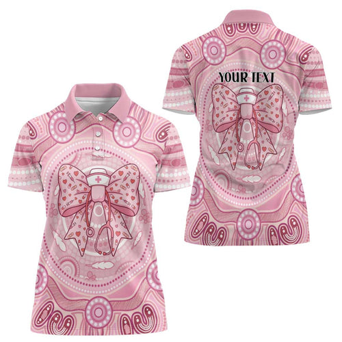 Aussie Nurse Personalised Women Polo Shirt Pink Stethoscope Coquette Bow Aboriginal Dot Art