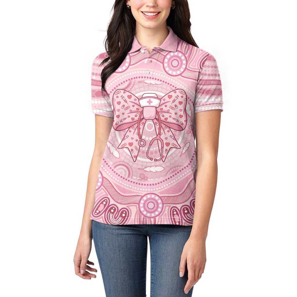 Aussie Nurse Personalised Women Polo Shirt Pink Stethoscope Coquette Bow Aboriginal Dot Art