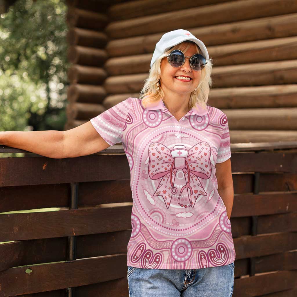 Aussie Nurse Personalised Women Polo Shirt Pink Stethoscope Coquette Bow Aboriginal Dot Art