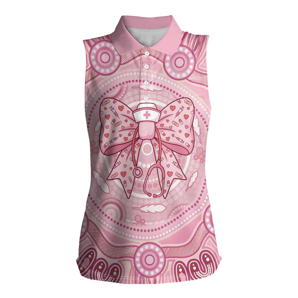 Aussie Nurse Personalised Women Sleeveless Polo Shirt Pink Stethoscope Coquette Bow Aboriginal Dot Art