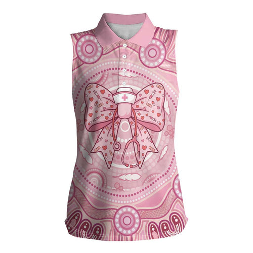 Aussie Nurse Personalised Women Sleeveless Polo Shirt Pink Stethoscope Coquette Bow Aboriginal Dot Art