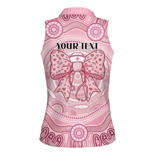 Aussie Nurse Personalised Women Sleeveless Polo Shirt Pink Stethoscope Coquette Bow Aboriginal Dot Art