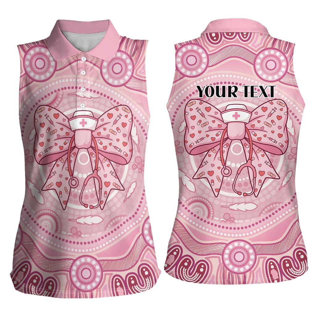Aussie Nurse Personalised Women Sleeveless Polo Shirt Pink Stethoscope Coquette Bow Aboriginal Dot Art