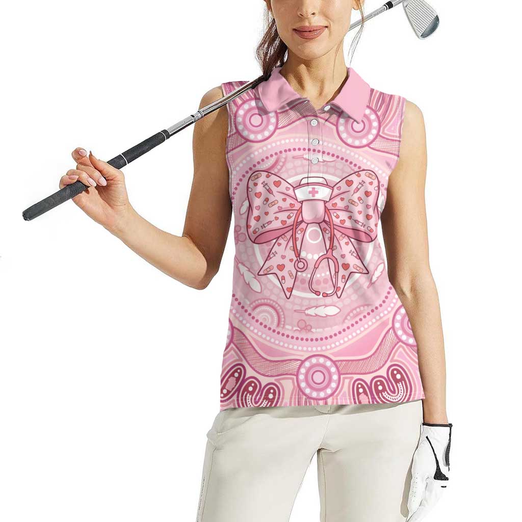 Aussie Nurse Personalised Women Sleeveless Polo Shirt Pink Stethoscope Coquette Bow Aboriginal Dot Art