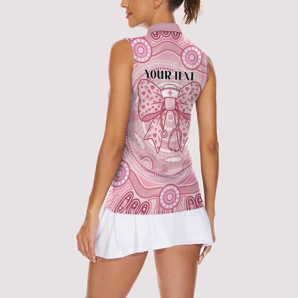 Aussie Nurse Personalised Women Sleeveless Polo Shirt Pink Stethoscope Coquette Bow Aboriginal Dot Art