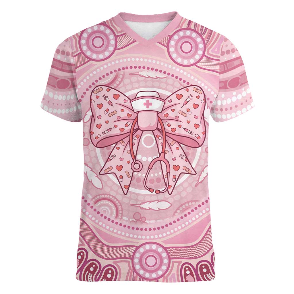 Aussie Nurse Personalised Women V-Neck T-Shirt Pink Stethoscope Coquette Bow Aboriginal Dot Art