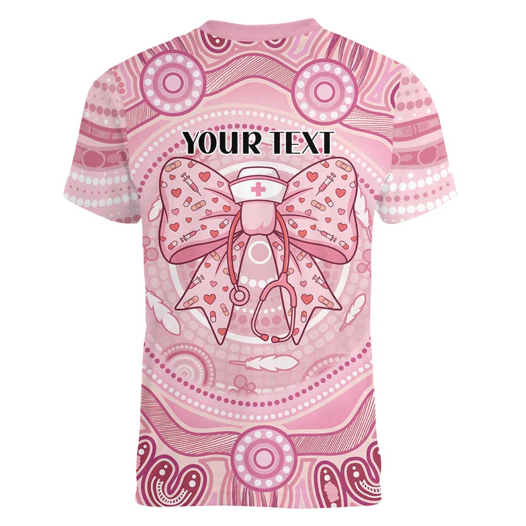 Aussie Nurse Personalised Women V-Neck T-Shirt Pink Stethoscope Coquette Bow Aboriginal Dot Art