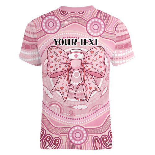 Aussie Nurse Personalised Women V-Neck T-Shirt Pink Stethoscope Coquette Bow Aboriginal Dot Art