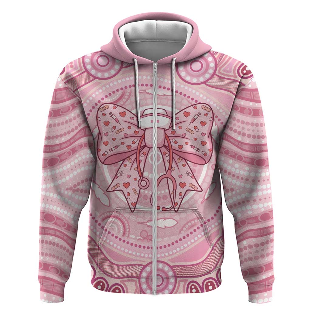 Aussie Nurse Personalised Zip Hoodie Pink Stethoscope Coquette Bow Aboriginal Dot Art