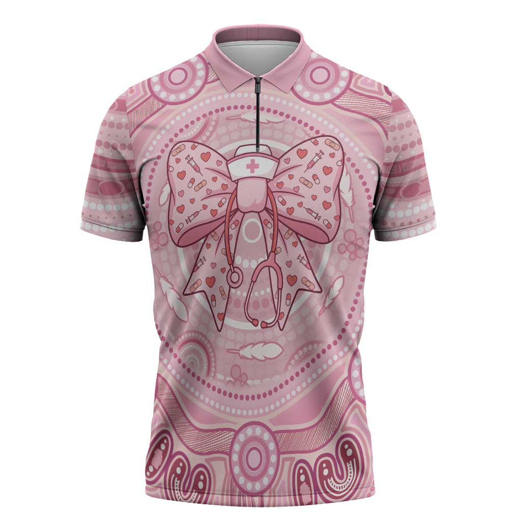Aussie Nurse Personalised Zipper Polo Shirt Pink Stethoscope Coquette Bow Aboriginal Dot Art