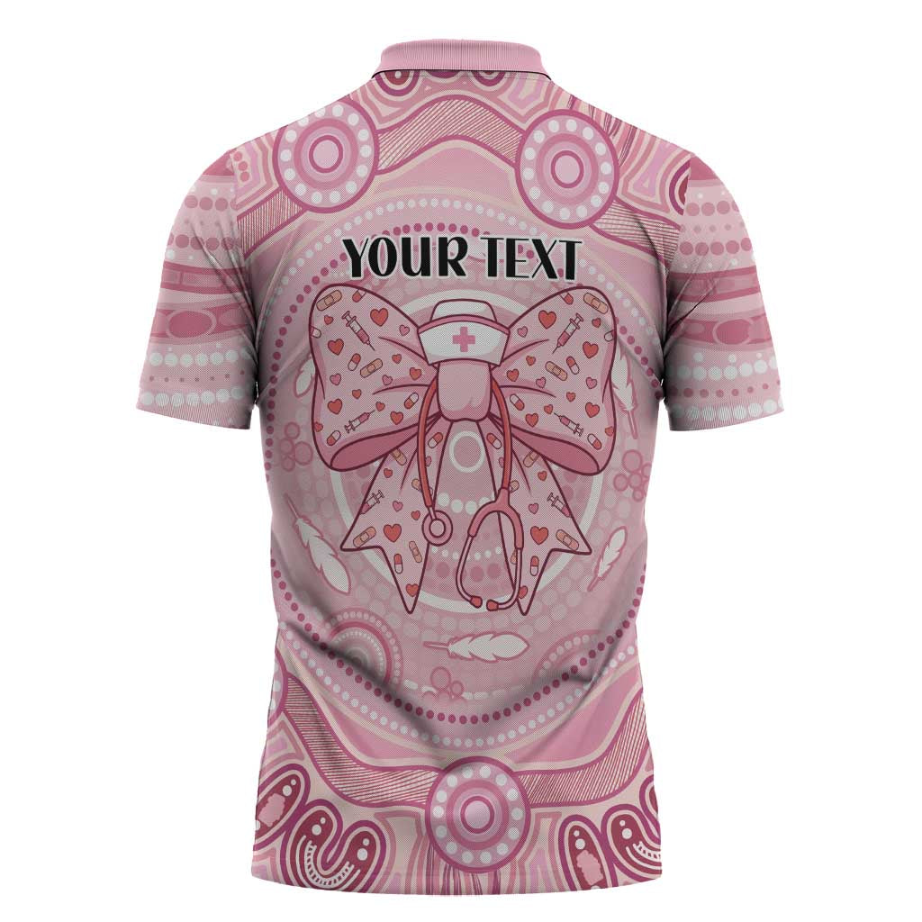 Aussie Nurse Personalised Zipper Polo Shirt Pink Stethoscope Coquette Bow Aboriginal Dot Art
