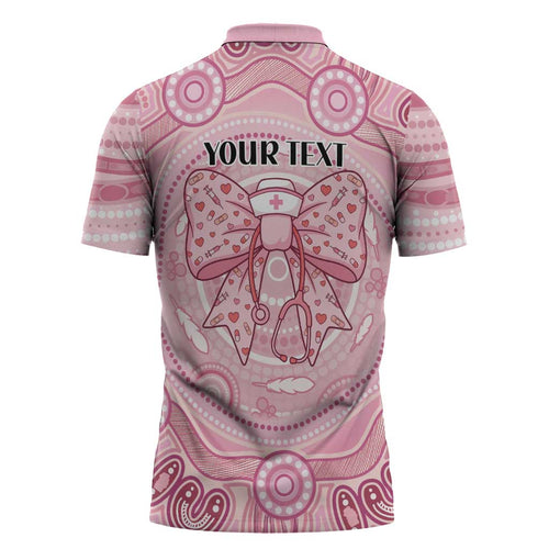 Aussie Nurse Personalised Zipper Polo Shirt Pink Stethoscope Coquette Bow Aboriginal Dot Art