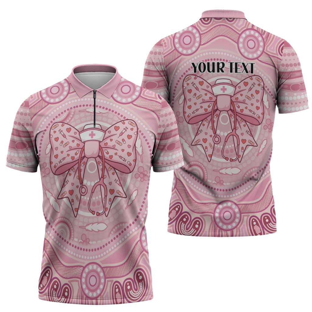 Aussie Nurse Personalised Zipper Polo Shirt Pink Stethoscope Coquette Bow Aboriginal Dot Art