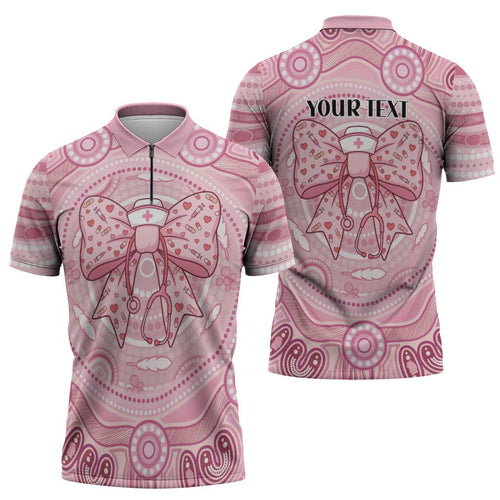 Aussie Nurse Personalised Zipper Polo Shirt Pink Stethoscope Coquette Bow Aboriginal Dot Art