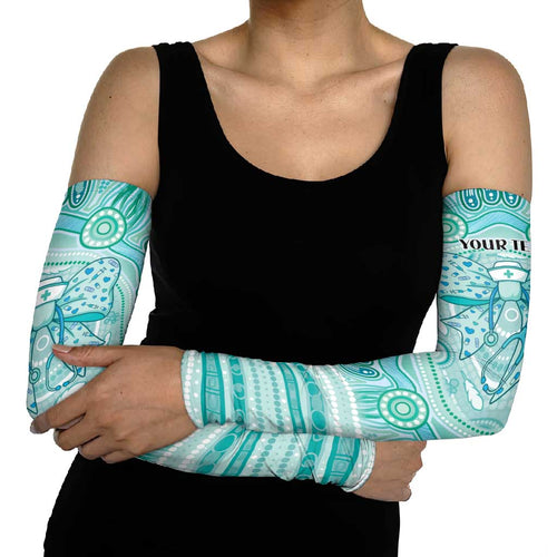 Aussie Nurse Personalised Arm Sleeves Turquoise Stethoscope Coquette Bow Aboriginal Dot Art