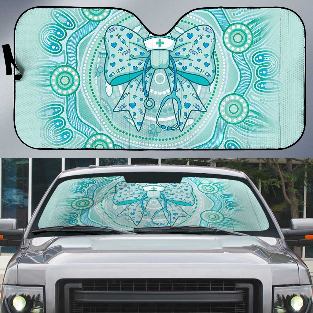 Aussie Nurse Auto Sun Shade Turquoise Stethoscope Coquette Bow Aboriginal Dot Art