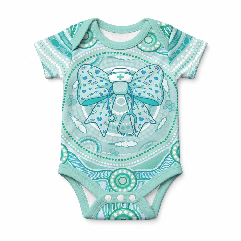 Aussie Nurse Personalised Baby Onesie Turquoise Stethoscope Coquette Bow Aboriginal Dot Art