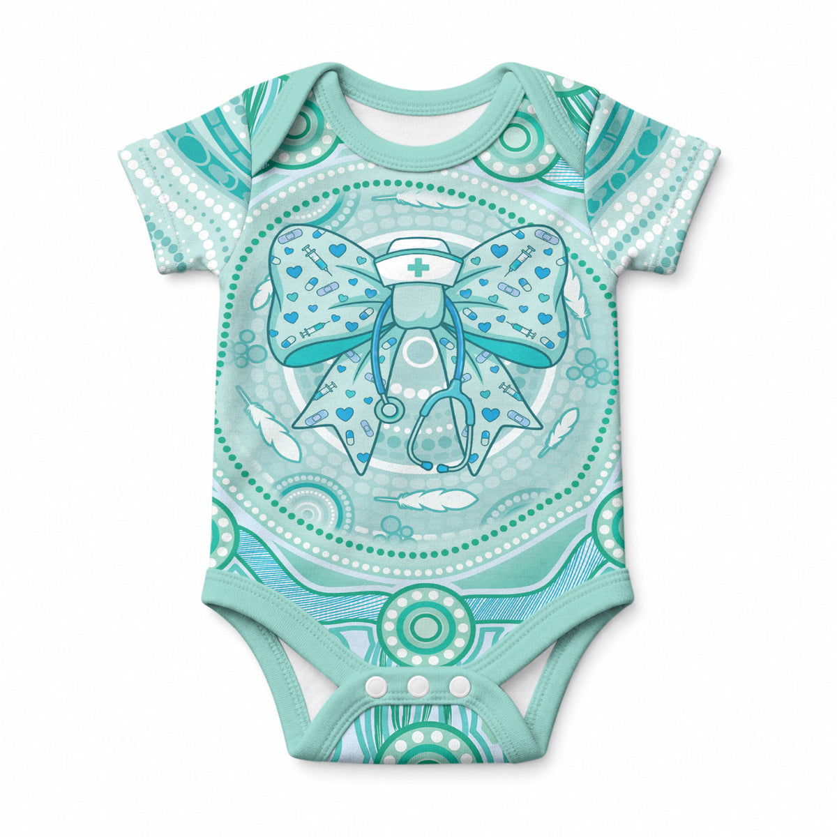Aussie Nurse Personalised Baby Onesie Turquoise Stethoscope Coquette Bow Aboriginal Dot Art