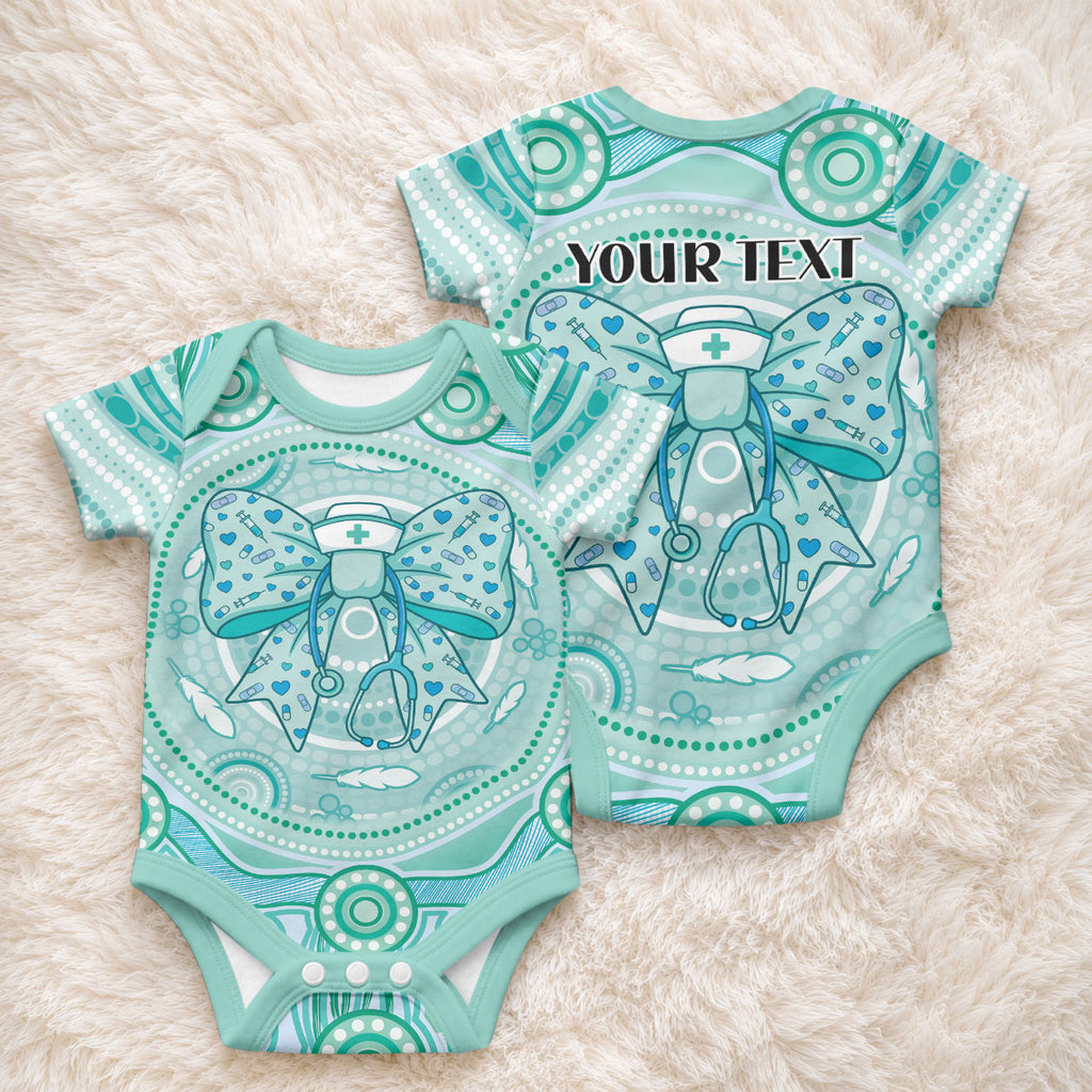 Aussie Nurse Personalised Baby Onesie Turquoise Stethoscope Coquette Bow Aboriginal Dot Art