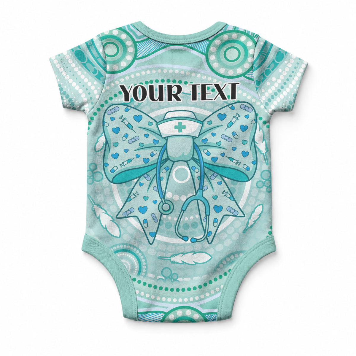 Aussie Nurse Personalised Baby Onesie Turquoise Stethoscope Coquette Bow Aboriginal Dot Art