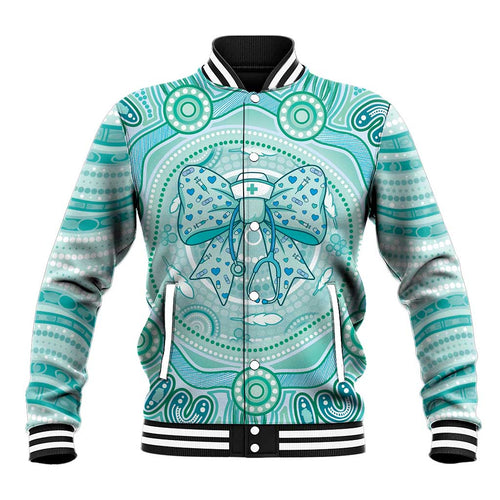 Aussie Nurse Personalised Baseball Jacket Turquoise Stethoscope Coquette Bow Aboriginal Dot Art