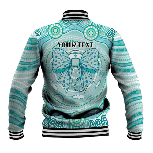 Aussie Nurse Personalised Baseball Jacket Turquoise Stethoscope Coquette Bow Aboriginal Dot Art