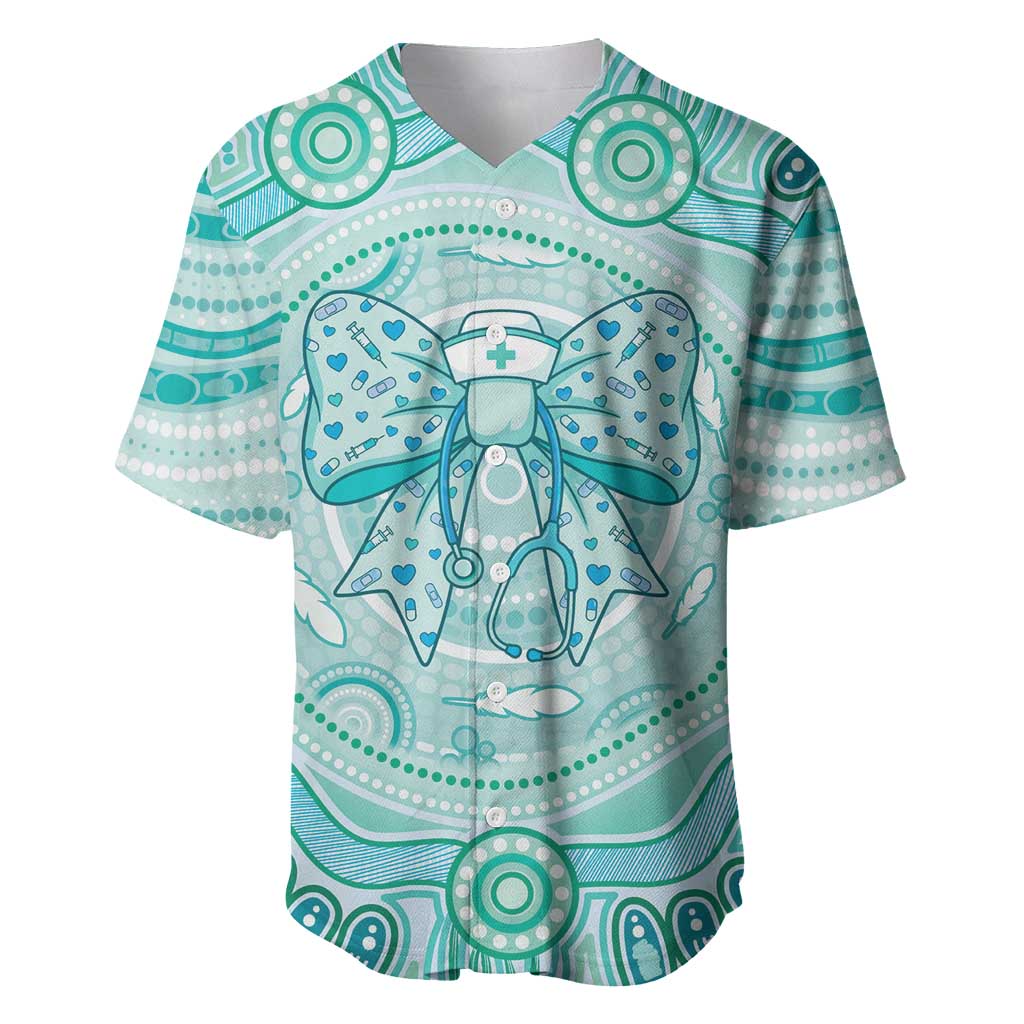 Aussie Nurse Personalised Baseball Jersey Turquoise Stethoscope Coquette Bow Aboriginal Dot Art