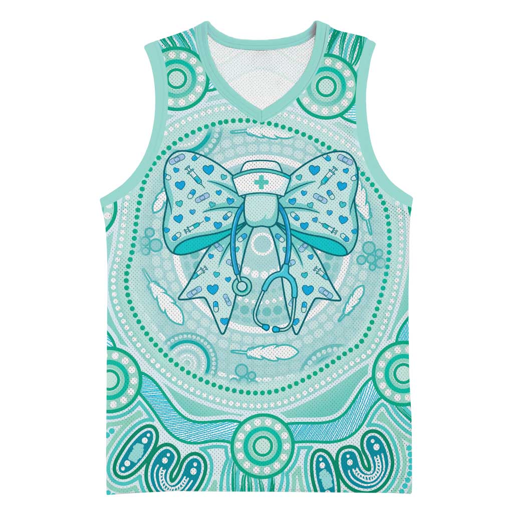 Aussie Nurse Personalised Basketball Jersey Turquoise Stethoscope Coquette Bow Aboriginal Dot Art