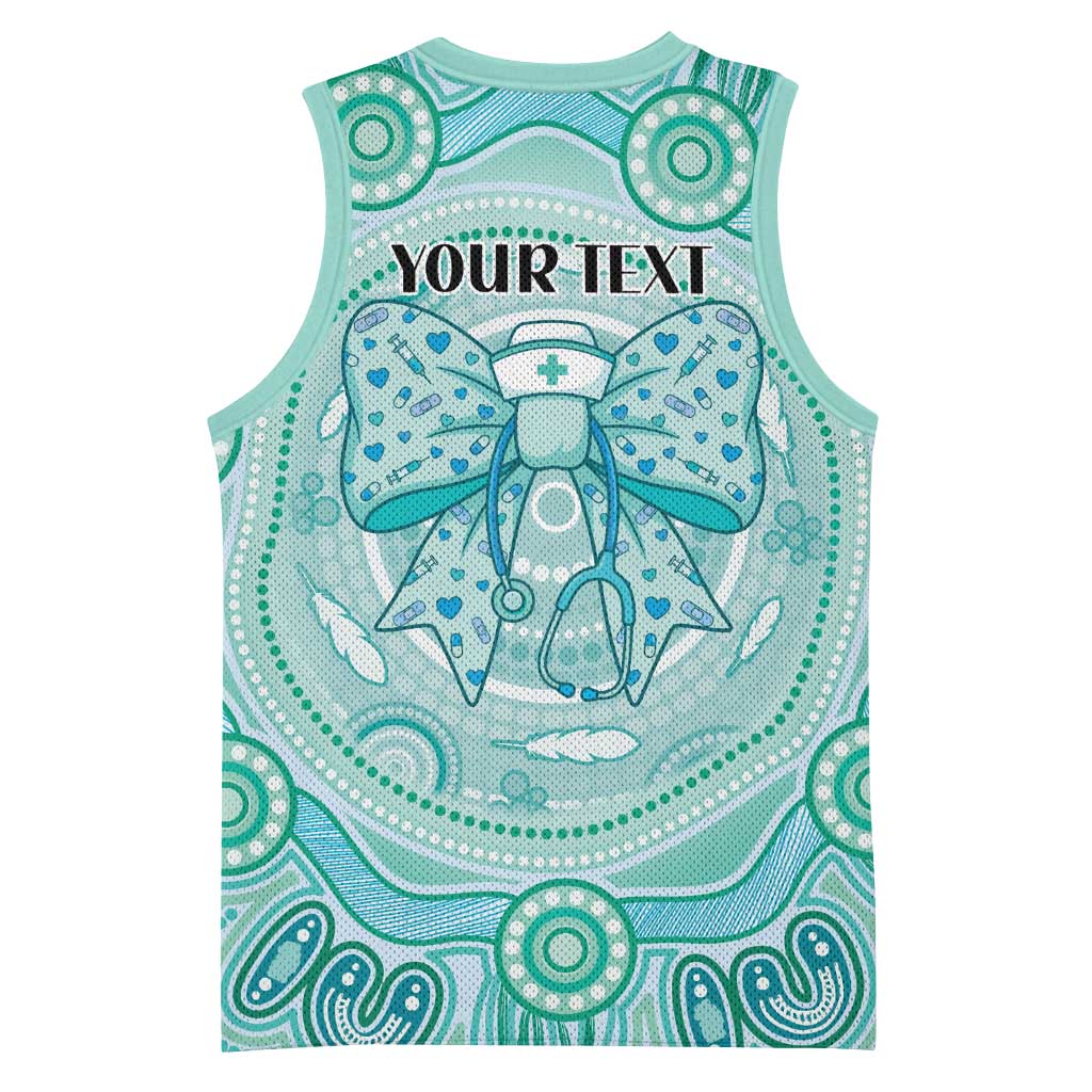Aussie Nurse Personalised Basketball Jersey Turquoise Stethoscope Coquette Bow Aboriginal Dot Art