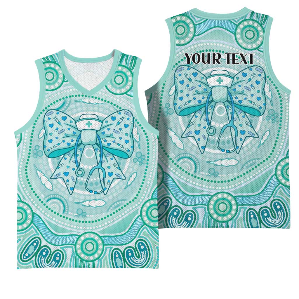 Aussie Nurse Personalised Basketball Jersey Turquoise Stethoscope Coquette Bow Aboriginal Dot Art