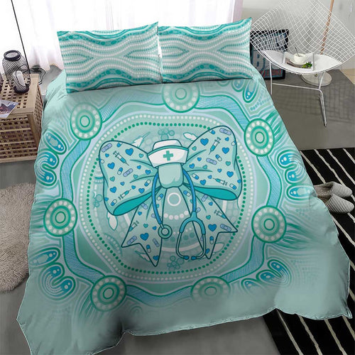 Aussie Nurse Bedding Set Turquoise Stethoscope Coquette Bow Aboriginal Dot Art