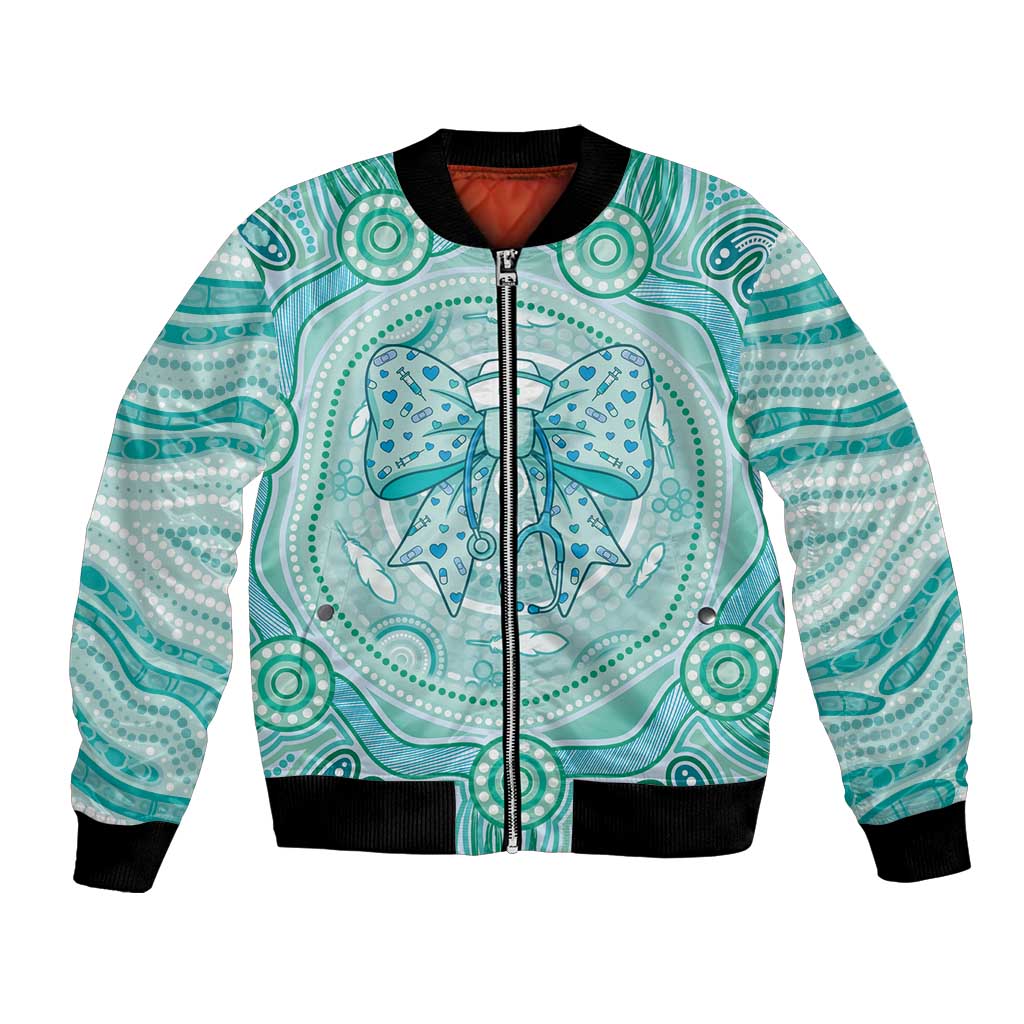 Aussie Nurse Personalised Bomber Jacket Turquoise Stethoscope Coquette Bow Aboriginal Dot Art