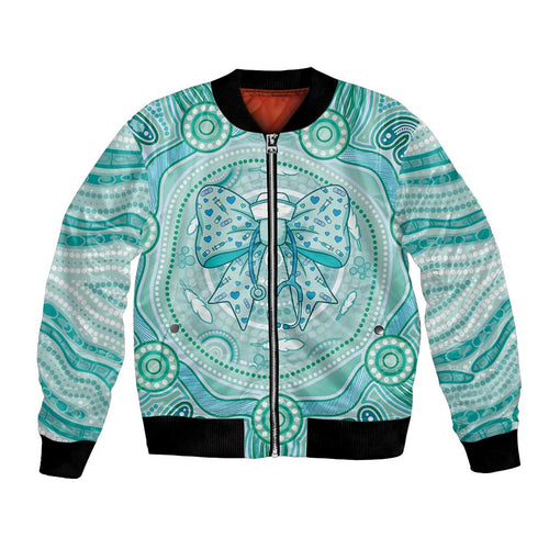 Aussie Nurse Personalised Bomber Jacket Turquoise Stethoscope Coquette Bow Aboriginal Dot Art