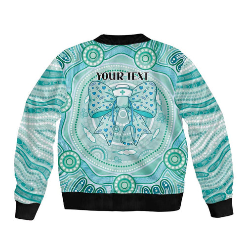 Aussie Nurse Personalised Bomber Jacket Turquoise Stethoscope Coquette Bow Aboriginal Dot Art