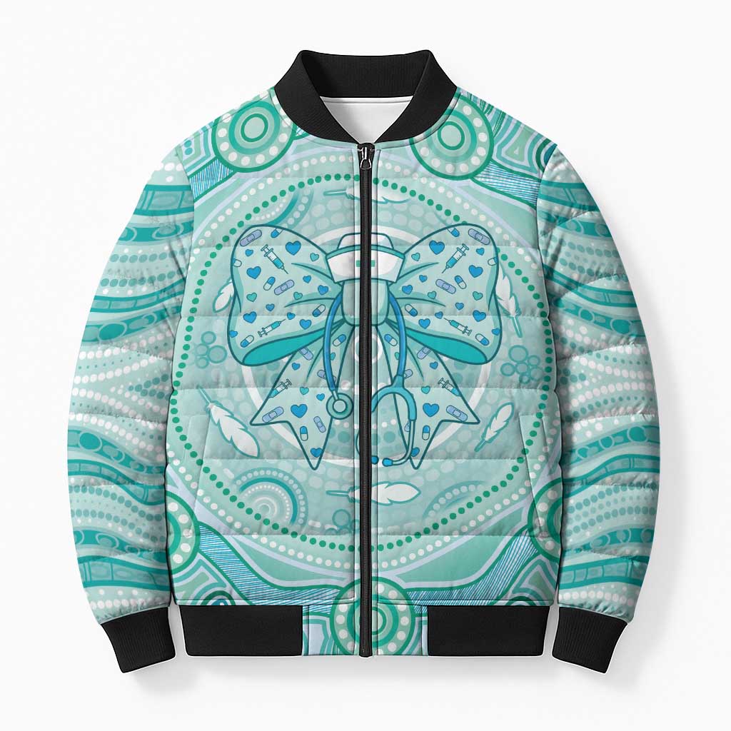 Aussie Nurse Personalised Bomber Puffer Jacket Turquoise Stethoscope Coquette Bow Aboriginal Dot Art