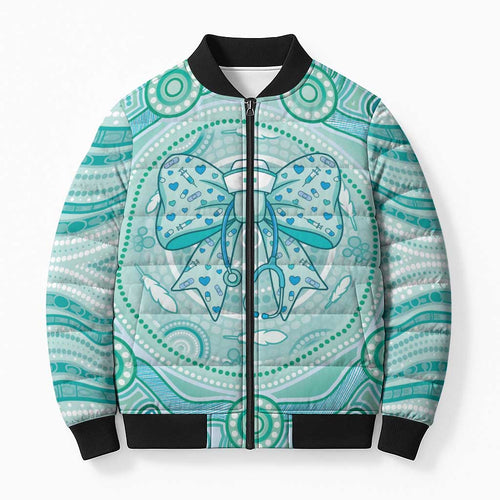Aussie Nurse Personalised Bomber Puffer Jacket Turquoise Stethoscope Coquette Bow Aboriginal Dot Art