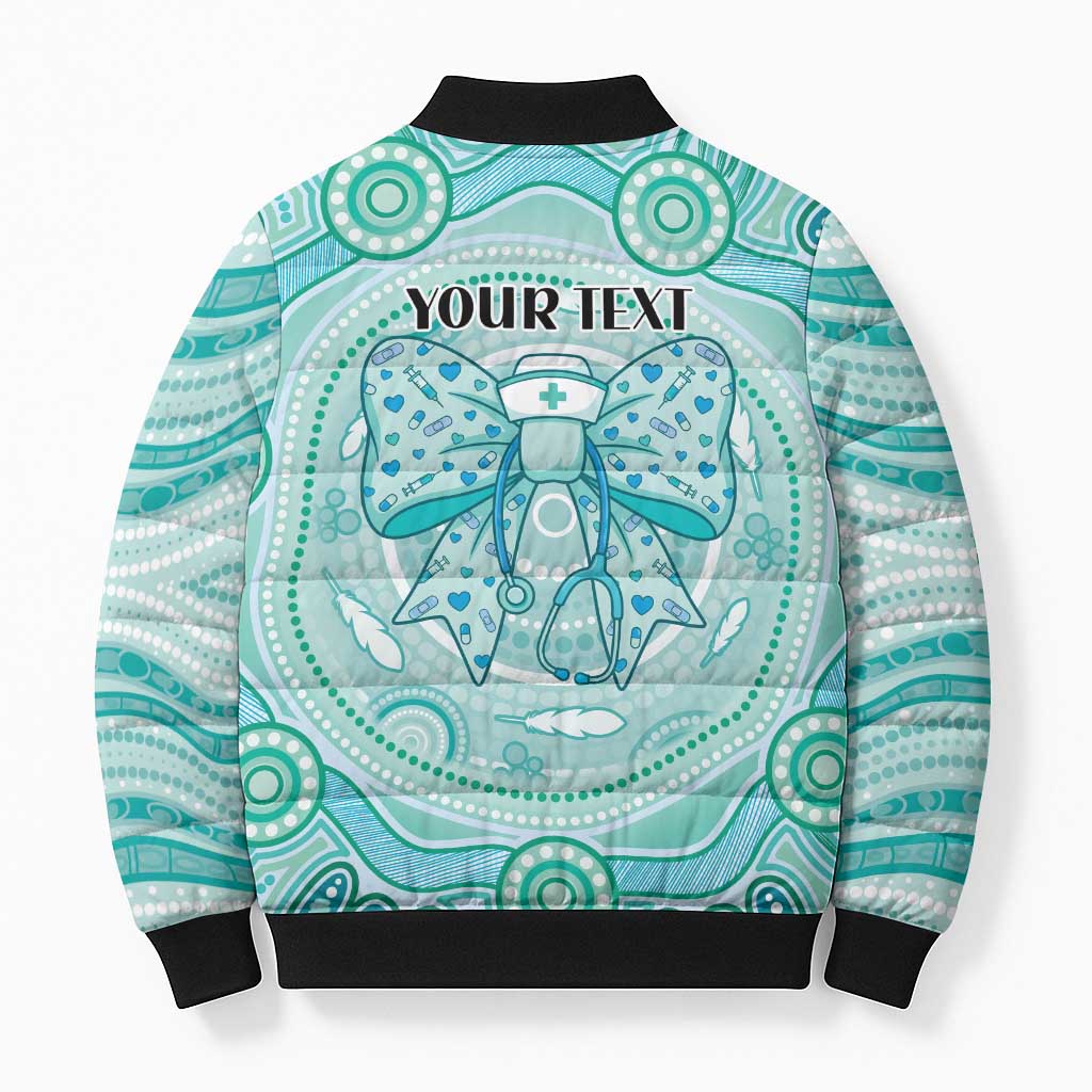 Aussie Nurse Personalised Bomber Puffer Jacket Turquoise Stethoscope Coquette Bow Aboriginal Dot Art