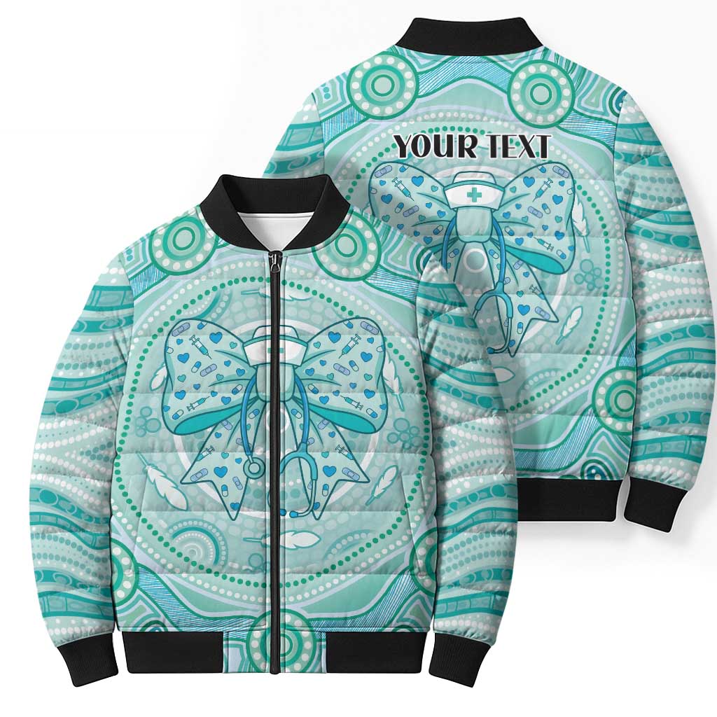 Aussie Nurse Personalised Bomber Puffer Jacket Turquoise Stethoscope Coquette Bow Aboriginal Dot Art