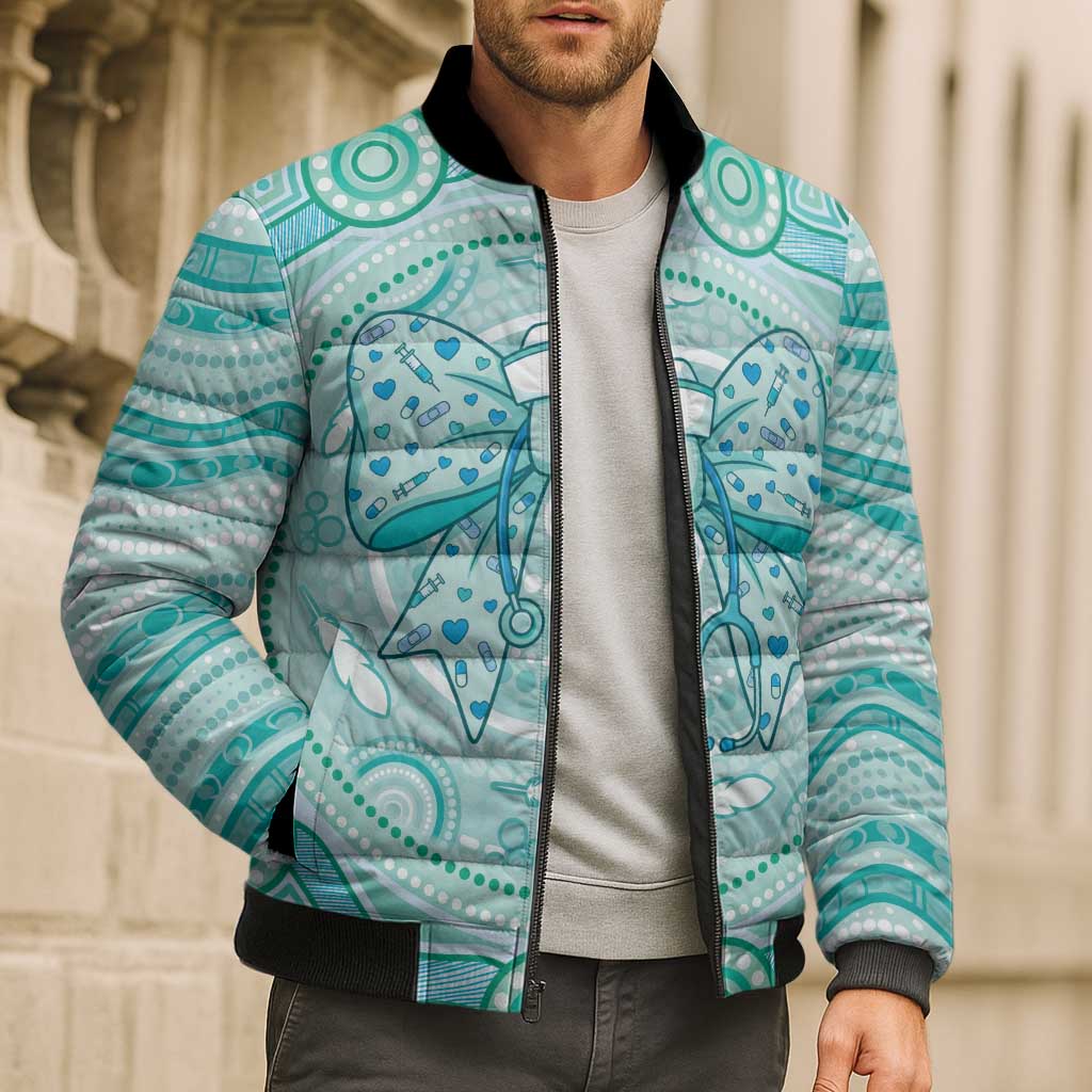 Aussie Nurse Personalised Bomber Puffer Jacket Turquoise Stethoscope Coquette Bow Aboriginal Dot Art