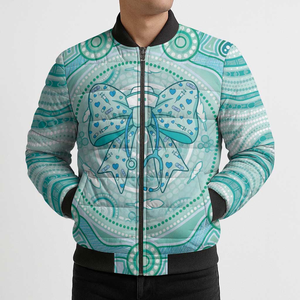 Aussie Nurse Personalised Bomber Puffer Jacket Turquoise Stethoscope Coquette Bow Aboriginal Dot Art