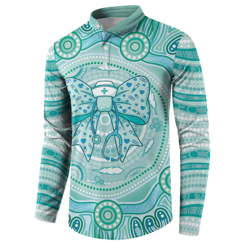 Aussie Nurse Personalised Button Sweatshirt Turquoise Stethoscope Coquette Bow Aboriginal Dot Art