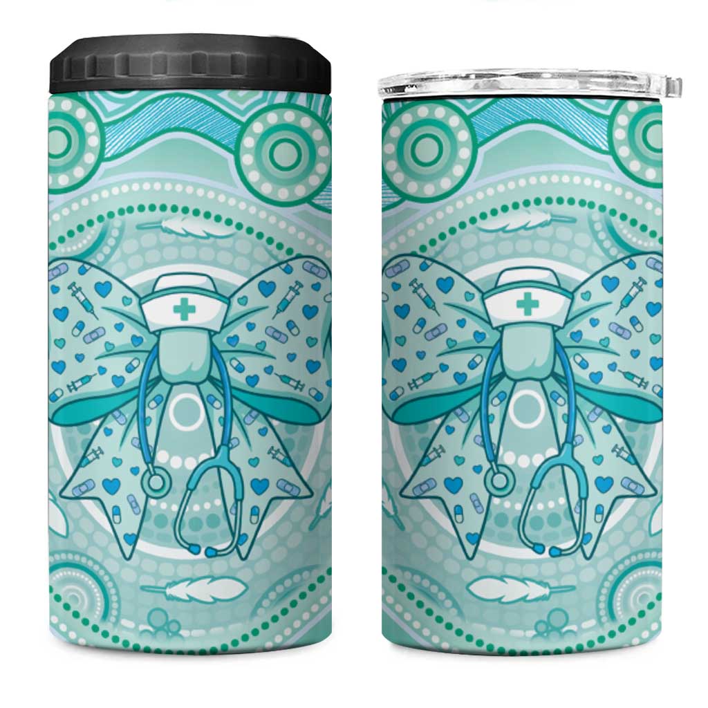 Aussie Nurse Personalised 4 in 1 Can Cooler Tumbler Turquoise Stethoscope Coquette Bow Aboriginal Dot Art