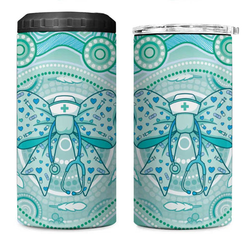 Aussie Nurse Personalised 4 in 1 Can Cooler Tumbler Turquoise Stethoscope Coquette Bow Aboriginal Dot Art