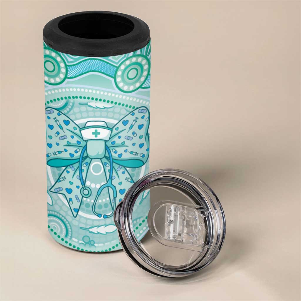 Aussie Nurse Personalised 4 in 1 Can Cooler Tumbler Turquoise Stethoscope Coquette Bow Aboriginal Dot Art