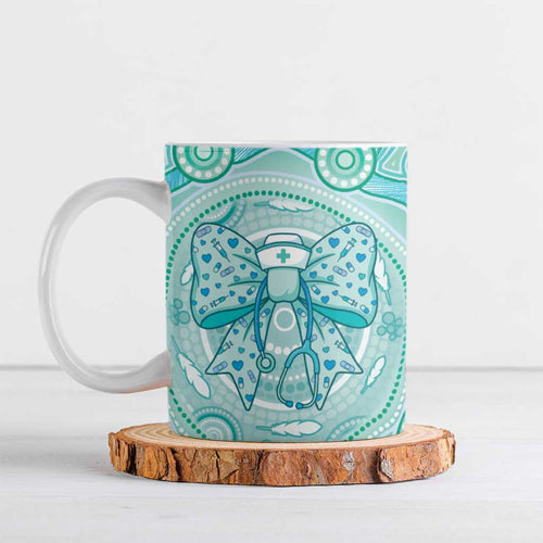 Aussie Nurse Personalised Ceramic Mug Turquoise Stethoscope Coquette Bow Aboriginal Dot Art