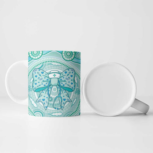 Aussie Nurse Personalised Ceramic Mug Turquoise Stethoscope Coquette Bow Aboriginal Dot Art